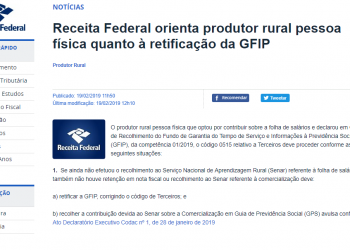 Receita Federal orienta produtor rural pessoa física quanto à retificação da GFIP
